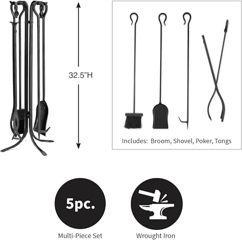 Plow & Hearth 5 Piece Hand Forged Iron Compact Fireplace Tool Set 32.5\" | Black Wrought Iron Handle for Outdoor Indoor | Stand Poker Shovel Brush Log Tongs Wood Stove Accessory