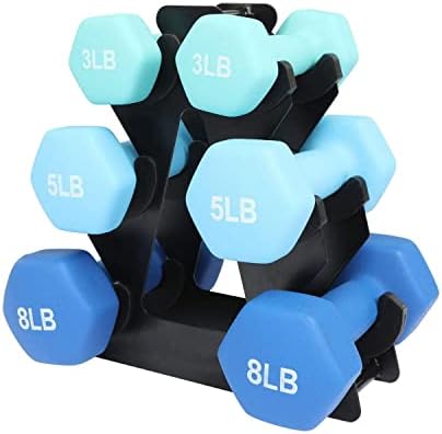 32-Lb. Dumbbell Set with Rack| Neoprene Coated for Durability, Safety, and a Non Slip Grip | 3 Pairs of 3-lb, 5-lb, 8-lb Color Coding Quick Identification Steel Stand in Triangular Shape, Blue