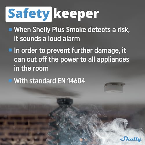 Shelly Plus Smoke, Alarm Dymu i Pożaru, Czujnikiem Fotoelektrycznym, 5-letnia Żywotność Baterii, EN 14604, Wskaźniki LED i Dźwiękowe, Natychmiastowe Powiadomienie, Wi-Fi Bluetooth, Alexa Google Home