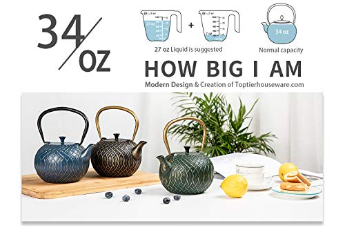 Tea Kettle, Toptier Japanese Cast Iron Tea Kettle for Stove Top, Stovetop Safe Teapot with Infusers for Loose Tea, 34 Ounce (1000 ml), Dark Green Melody