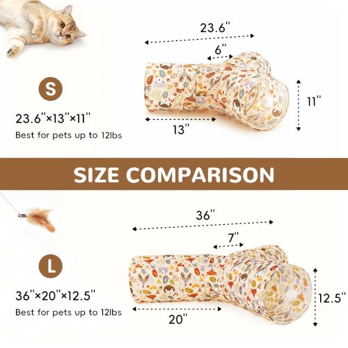 Image of Tempcore Cat Tunnel, 3-Way Collapsible Toy, Large Size Beige Deer | Large Size 3-Way Cat Tunnel Provides More Room for Cats to Run, Hide and Chase, with Peek Holes, Hanging Ball and Teaser Wand