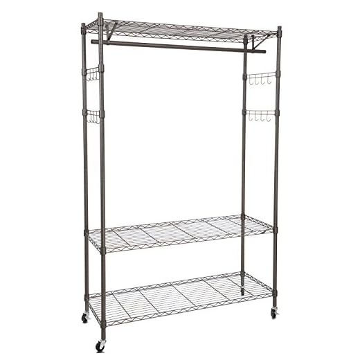Modrine Heavy Duty Clothing Rack, 3 Tiers Portable Clothes Racks, with Lockable Rolling Wheels, 4 Side Hooks and 1 Clothes Rod (Gray)