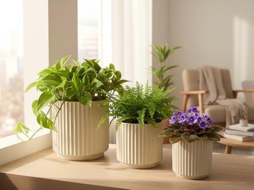 Image of Xtore Atelier Ceramic Ribbed Planter Set | Minimal Vertical Groove Plant Pots for Home, Office & Living Room Decor - (Set of 3, Beige,Planter ONLY)