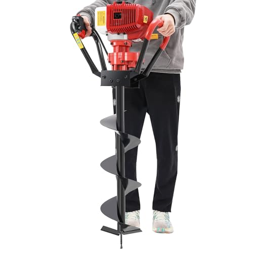 TTISJHK Erdbohrer Benzin 43cc 1.2KW mit 80cm Bohrer, 8 Zoll Manganstahl-Bohrkopf, 2-Takt Motor 8500RPM, 2-Gang Getriebe, Handerdbohrgerät mit Griffen für Zaunpfosten, Garten & Landwirtschaft