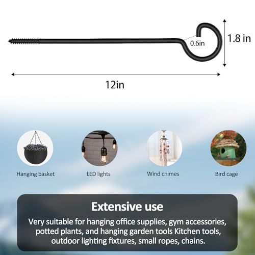 ASZUNE Screw Hooks 12in,Ceiling Hooks 4Pcs Screw-in Hooks,Birds House Christmas Lights and Curtain Hooks,Kitchen Hooks,Plants Hanger Outdoor/Indoor Hooks (4Pcs Black, 12in)