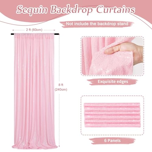 Image of Pink Sequin Curtains 6 Pcs 2FTx8FT Sequin Photo Backdrop Wedding Glitter Fabric Backdrops Birthday Party Cake Table Background Decoration