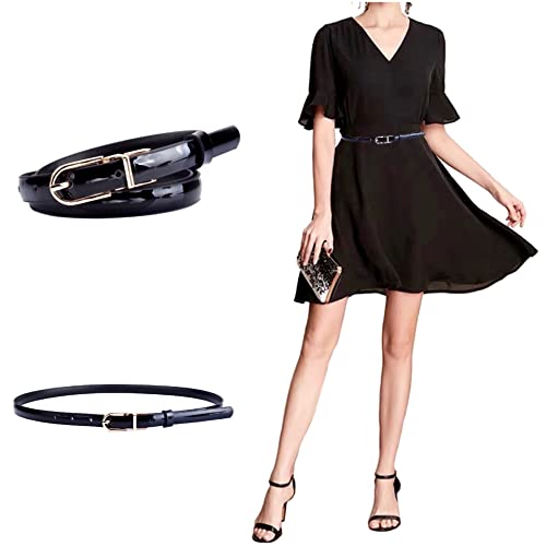 Cb Women's Elegant Skinny Patent Leather Belts Waistband Slim Waist Belt With Twist To Convert Gold Color Alloy Buckle, Black #TOP6
