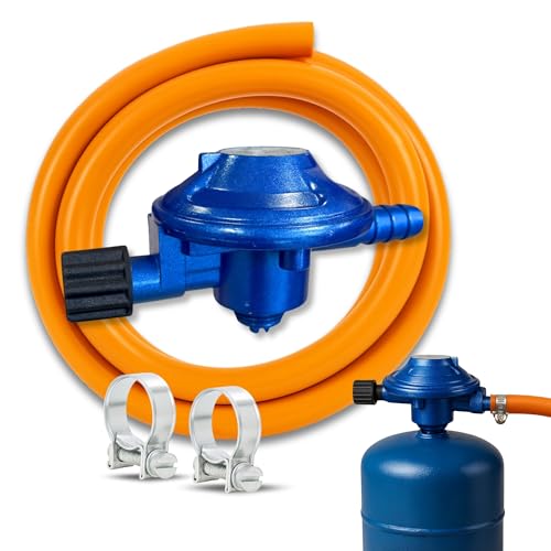 TECHZOCO Kit Completo butano para bombona de butano de Camping + Tubo Goma 1,5 Metros + 2 Abrazaderas Seguridad, Homologado,Apto para aparatos de Gas para Camping, barbacoas y Calentadores