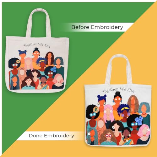 Image of picknMAKE DIY Embroidery Tote Bag for Women - Aesthetic & Stylish Office Bag with Digitally Printed Design | 18 inch x 15 inch with Zipped Pocket | Complete Kit with Wool, Needles, Sequins and Embellishments