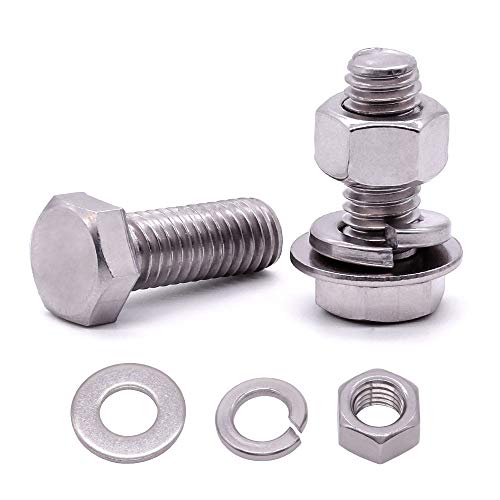 Image of (10 Sets) M6-1.0 x 12mm Hex Bolt Kit, 304 Stainless Steel (18-8), Includes Hexagon Head Screws and Nuts, Flat & Lock Washers, Full Coarse Thread, for Machinery, Automotive, DIY