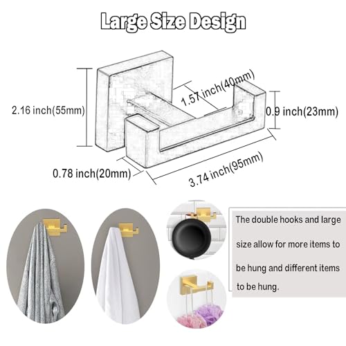 Foto de BOZWELL Ganchos dobles para toallas para baño, montaje en pared dorado cepillado, estilo cuadrado simple y moderno, gancho para bata, colgador de puerta de acero inoxidable resistente para baño (imagen 6)