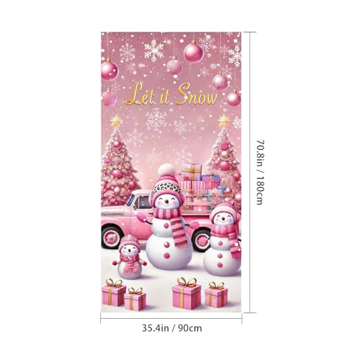 Image of BlissYard Pink Snowman Christmas Door Cover 35x71 Inch Snow Door Banner, Pink Holiday Door Decoration for Front Door, Indoor Outdoor Winter Christmas Backdrop Photography Party Decor