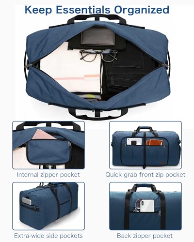 Image of Urtala Travel Duffel Bag for Women & Men, Large Foldable Overnight Weekender Bag with Shoes Compartment & Shoulder Strap, Lightweight Waterproof Luggage Bag, Dark Blue, 80L, Fashion