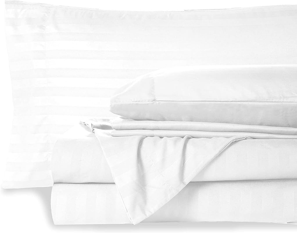 HUNTER BEDDING Juego de sábanas de 600 hilos (30 cm) con bolsillos profundos, 100 % algodón egipcio, calidad de hotel, sábanas de algodón transpirable, rayas blancas, tamaño doble.