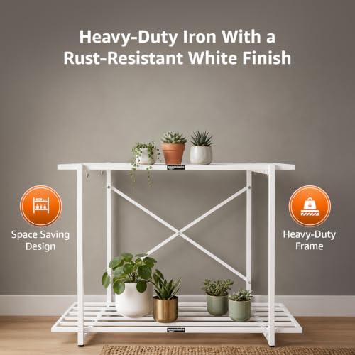 Image of Amazon Basics Heavy Duty 2-Tier Plant Stand | Rust-Resistant Powder Coated Finish | Multipurpose Shelves | Reinforced X-Frame Stability | Indoor & Outdoor Use | Balcony, Garden & Living Room | White