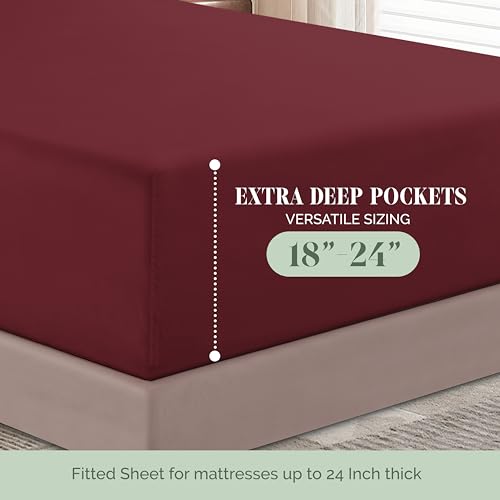 Elegant Comfort Luxury 1500 Premium Hotel Quality Microfiber 4-Piece Sheet Set - Soft, All Around Elastic 18-24 Inches Deep Fitted Sheet - Extra Deep Pocket Sheets, Twin/Twin XL, Burgundy
