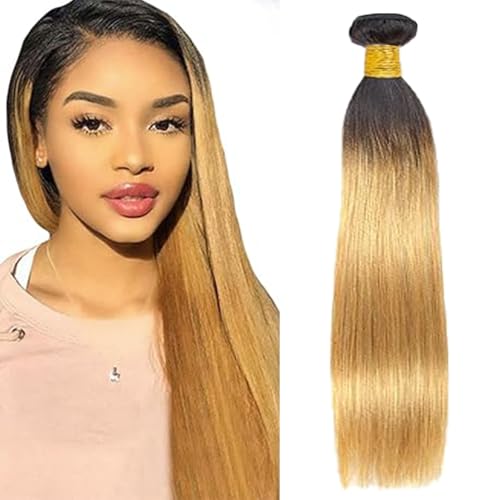 Lakaisa Extensões de cabelo humano reto, 100 % não processadas, cabelo Remy brasileiro 1B27, loiro degradado, cabelo real, 1 embalagem para mulher de 20 polegadas