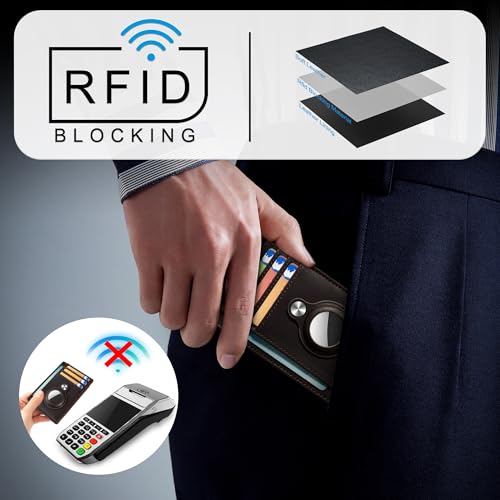 Image of Hawanik Genuine Leather Slim Minimalist Wallet Front Pocket Wallet with Built-in Holder for AirTag