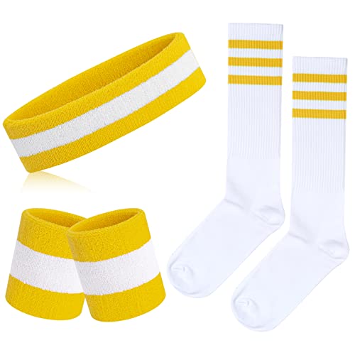 5 Pieces Sweatbands Striped Socks Set Sports Headband Wristbands High Tube Socks 80s Accessories for Men Women 80s Costumes Theme Party (Striped Yellow/White/Yellow)