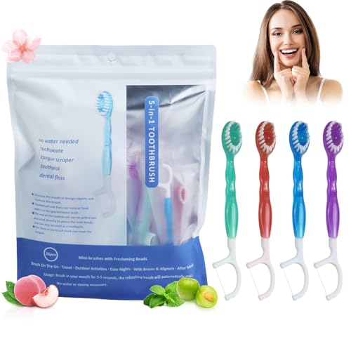 Mini Zahnbürste 26 Stück Einweg Zahnbürsten mit Zahnpasta, 5 in 1 kleine-Zahnbürste (Zahnseide, vorgebunden, Frischer Atem, Zungenschaber, Zahnstocher), Reisezahnbürste Einzeln Verpackt für Unterwegs
