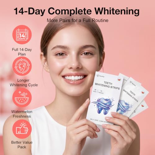 Image of Teeth Whitening Strips for Sensitive Teeth, 14-Day Complete Pack, 28 Strips / 14 Treatments, Gentle 6% Hydrogen Peroxide with Hydroxyapatite, Watermelon Flavor, 30-Min Daily Routine