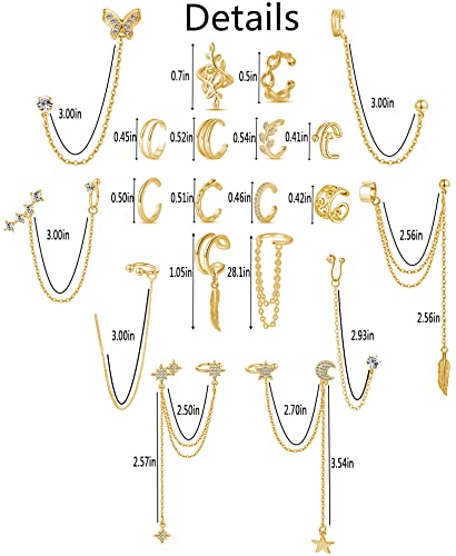 20Pcs Ear Cuff Earrings Clips On Helix Cartilage Dangle Chain Wrap Cuff Earrings for Women Girls Silver Gold Tone Adjustable2