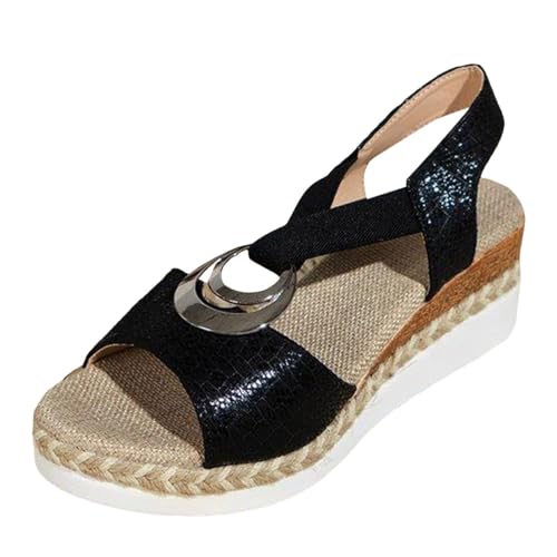 BeerMmay Comfortable Orthopedic Wedge Sandals - Womens Comfy Open Toe Ankle Strap Heels Sandals (Black,4)