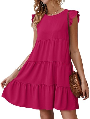 Image of KIRUNDO Summer Dresses for Women Sundress Sleeveless Ruffle Sleeve Round Neck Loose Short Flowy Pleated Mini Babydoll Dress