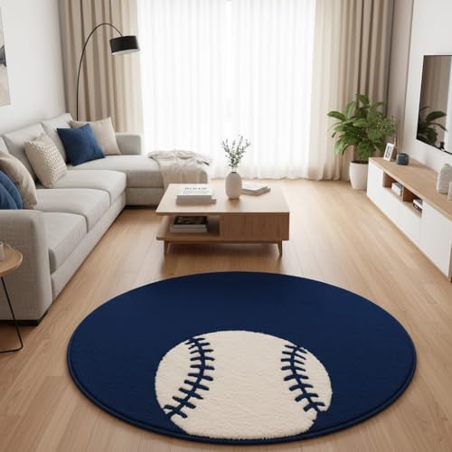 Image of Modern Shaggy Round Rug | Ultra-Soft Plush Circle Carpet for Living Room, Bedroom, Nursery | Fuzzy, Fluffy Area Rug with Non-Slip Base Blue Double Ball 7x7 feet