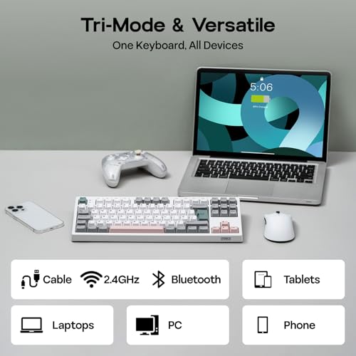 EPOMAKER TH87 Wireless Mechanical Keyboard with 10000mAh Battery, BT/2.4GHz/Wired, Hot Swap, PBT Keycap, RGB Backlit, TKL Gaming Keyboard, UK ISO Layout (White, Sea Salt Silent) - Image 5