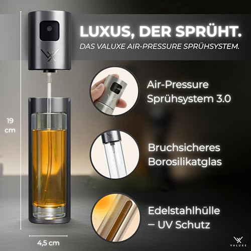 VALUXE® Ölsprüher für Speiseöl & Essig mit UV-Edelstahlmantel & Sprühfilter - Edelstahl Öl-Sprühflasche - Präziser Essig & Olivenöl Sprüher, Öl-Zerstäuber, Oil-Sprayer Edelstahl 3