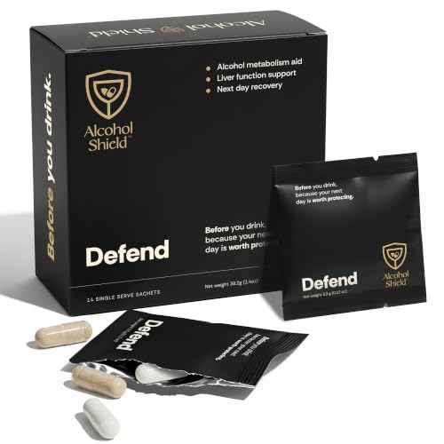 ALCOHOL SHIELD Defend Hangover Supplement | DHM + NAC | Feel Better After Drinking | Alcohol Recovery & Liver Support | Electrolytes & B Vitamins | 14 Sachets