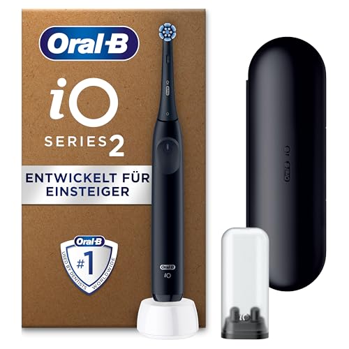 Oral-B iO Series 2 Elektrische Zahnbürste — Electric Toothbrush Inkl. 1 Aufsteckbürste, 3 Putzmodi für Zahnpflege, Magnet-Technologie, Reise-Etui, Aufsteckbürsten-Etui — Designed by Braun — Schwarz