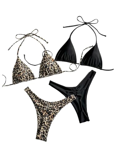 Women's 2 Packs Leopard Bikini Sets Halter Triangle High Cut Thong Bathing Suit Swimsuit