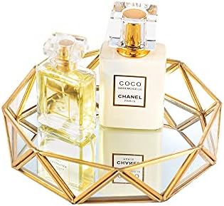 Feyarl Small Gold Mirrored Tray Ornate Cosmetic Tray Makeup Jewelry Organizer Vanity Glass Tray Perfume Display Dresser Tabletop Decorative Tray (7 Inch/18cm)