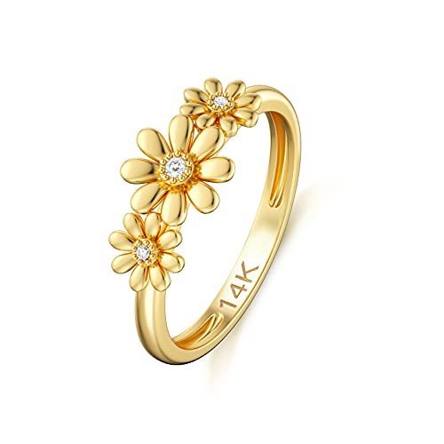 SISGEM 14K Real Gold Nature Diamond Daisy Ring for Women,Yellow Gold Dainty Flower Ring Anniversary Rings for Wife Mom Casual Rings Delicate Engagement Ring Wedding Band Ring for Her
