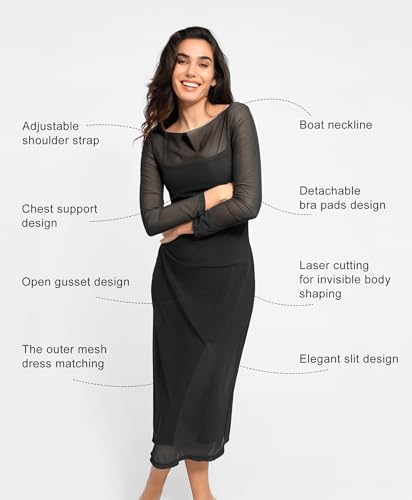 Image of Popilush Mesh Shapewear Dress Corset Date Night Dresses for Women Two Piece Club Outfits with Slit