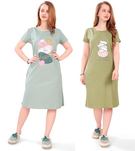 Image of Printed Knee Length Pocket Night Dresses for Women | Cat Lover | Premium Soft Cotton Nighty | Blue and Maroon