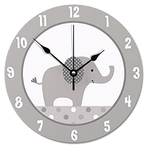 ArogGeld Gray and White Elephant Wall Clock Nursery Wood Clock 10 Inch Silent Non-Ticking Wooden Wall Clocks Battery Operated Living Room Bedroom Kitchen Farmhouse Decor Christmas Birthday Gift
