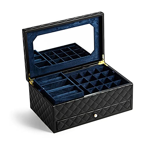 Joyero de gran capacidad, estuche de viaje para joyas, organizador de joyas de piel sintética con 4 bandejas, textura de rombos con espejo, contenedores artesanales para gemelos, anillos, colgan