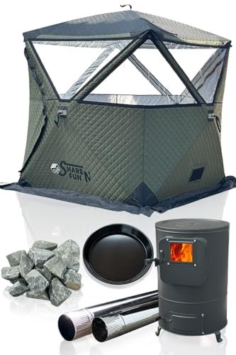 Share FunN サウナテント テントサウナ スタートセット 4人用 ロウリュができる すぐ使える 幅240m×奥行240cm×高さ210cm 薪ストーブ ストーン アウトドア キャンプ ポップアップ 簡単設営 MGC (P グリーン)