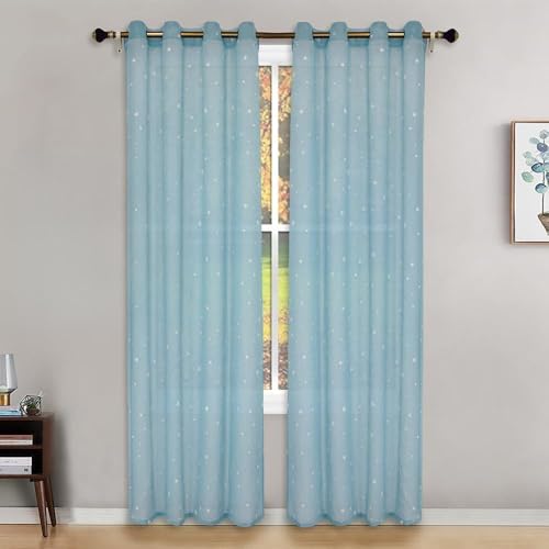 Odot 2 Piezas Cortinas Visillos con Estrellas Que Brillan en la Oscuridad, Cortinas Visillos Salon Dormitorio con Ojales, Livianas y Transpirables para Habitacion Infantil (Bleu,132x243cm)