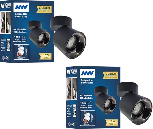 Image of NW 18W Glider SF Moveable Black with Gun Black Aluminium 360 Degree Adjustable Cylindrical Shape LED Surface Light | COB Light | Wall Light | Down Light | Spot Light | Light Color- White (Pack of 2)