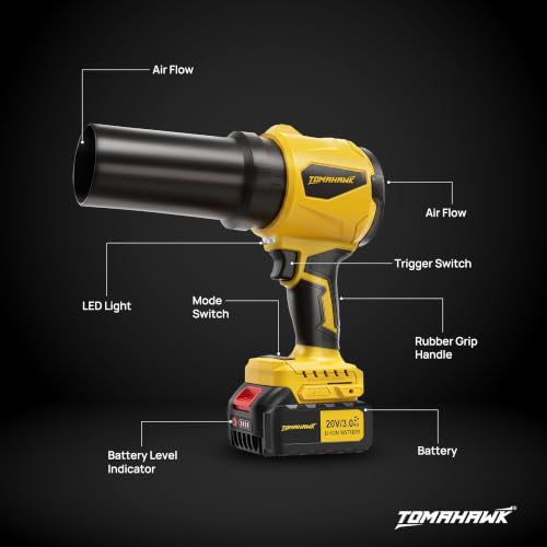 Image of TOMAHAWK TCTB-20B Cordless Turbo Blower with 20V 3.0Ah x 1 Battery, GS & CE Certified, Air Flow Speed 200km /hr, LED Light & Battery Indicator