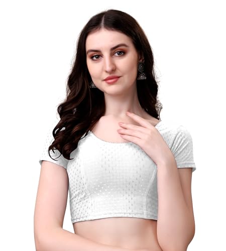 Image of Women's Stretch Cotton Saree Blouse | Readymade Blouse for Saree | Round Neck | Short Sleeves | Soft, Breathable & Comfortable