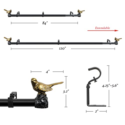 Meriville 1-Inch Diameter Single Window Treatment Curtain Rod, Renaissance Gold Bird Finials, 84-Inch To 120-Inch Black Rod #TOP6