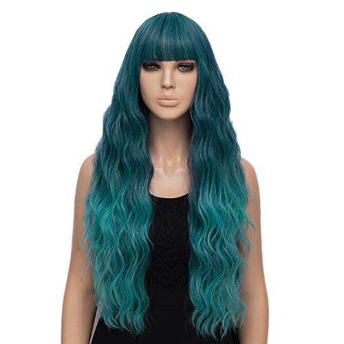 netgo Solid Teal Wig for Women Long Wavy Heat Resistant Fiber Wigs Side Bangs Cosplay Party