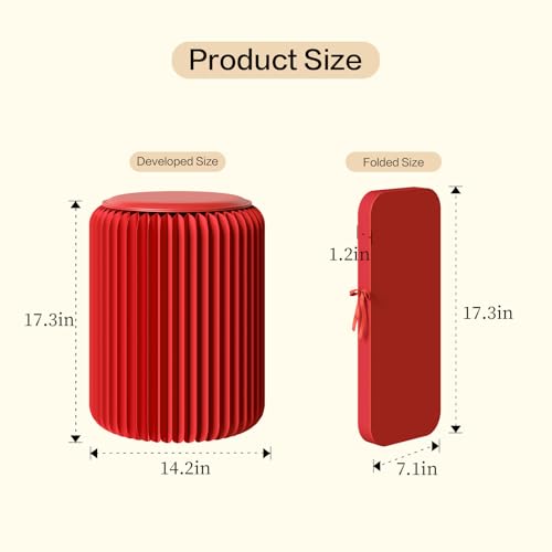 Image of 17 Inch Folding Stool 660lb Foldable Paper Stool, Eco-Friendly Kraft Paper Honeycomb Design Home Furniture Modern, Foldable to 1.2 Inch Round Foot Stool for Living Dining Room (Red)