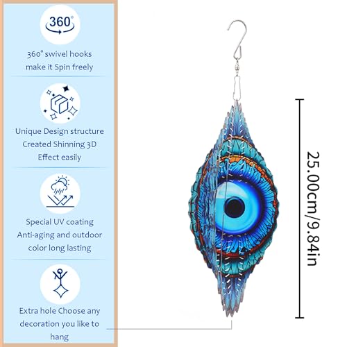 3D Wind Spinner Mandala 10 Inch Evil Eye Stainless Steel Wind Sculpture Blue Hanging Ornament Laser Cut Metal Art for Indoor Outdoor Garden Decoration Protective Amulet for Home and Yard