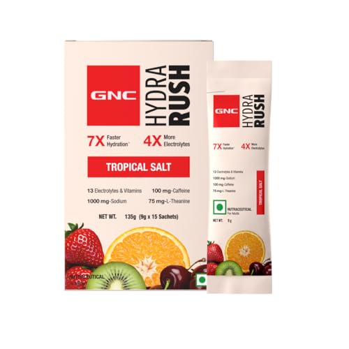 Image of GNC HydraRush | Advanced Hypotonic Hydration Formula | 13 Electrolytes, Vitamins + Himalayan Pink Salt | 0g Sugar Electrolyte Drink for Workout, Running & Summer Hydration | Tropical Salt 15 sachets